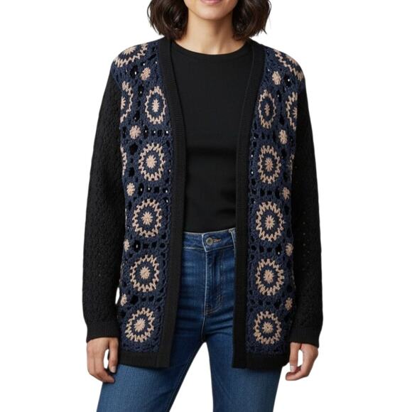 B Sharp Y2K Crochet Open Knit Cardigan Black Blue Geometric Mohair Large - Picture 1 of 8
